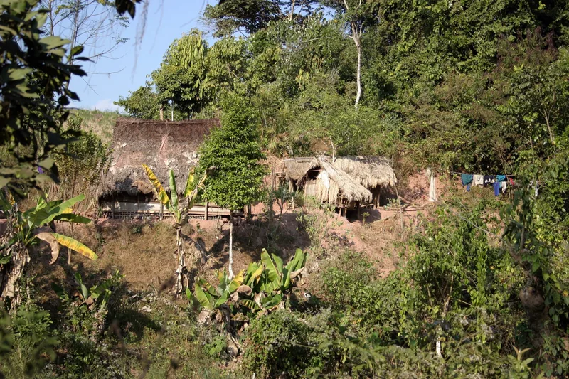 Thatched-roof huts of a small hillside village surrounded by dense forest near Luang Namtha.
