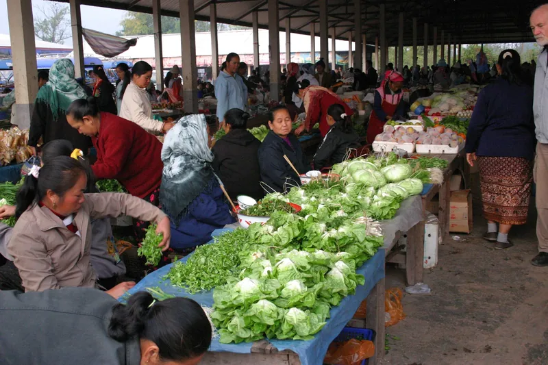 Vendors sell fresh cabbage and greens at a covered market stall in Muang Sing, Luang Namtha.