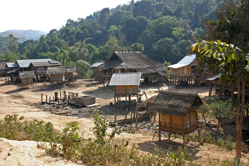 A hillside village near Luang Namtha with thatched wooden stilt houses surrounded by forest
