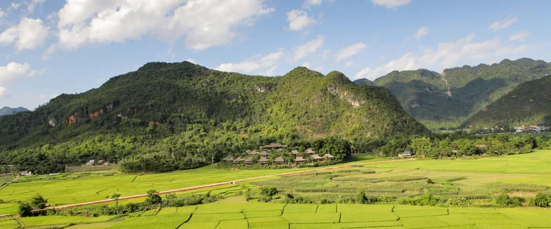 A cluster of thatched-roof houses sits among green rice fields beneath forested limestone mountains in Pu Luong.